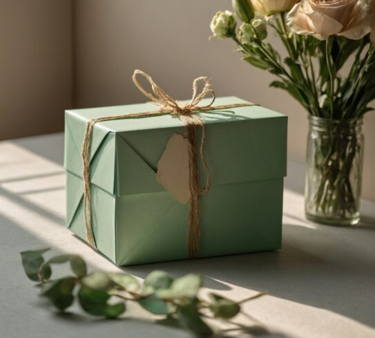 a green box with a tag tied to it sitting on a table next to a