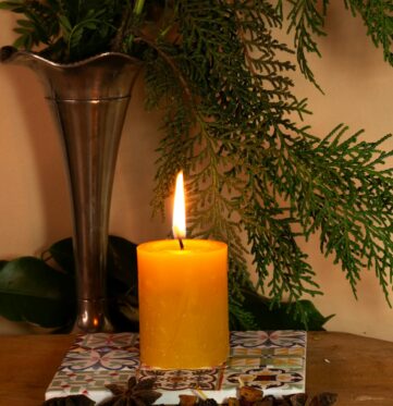 a lit candle sitting on a table next to a potted plant